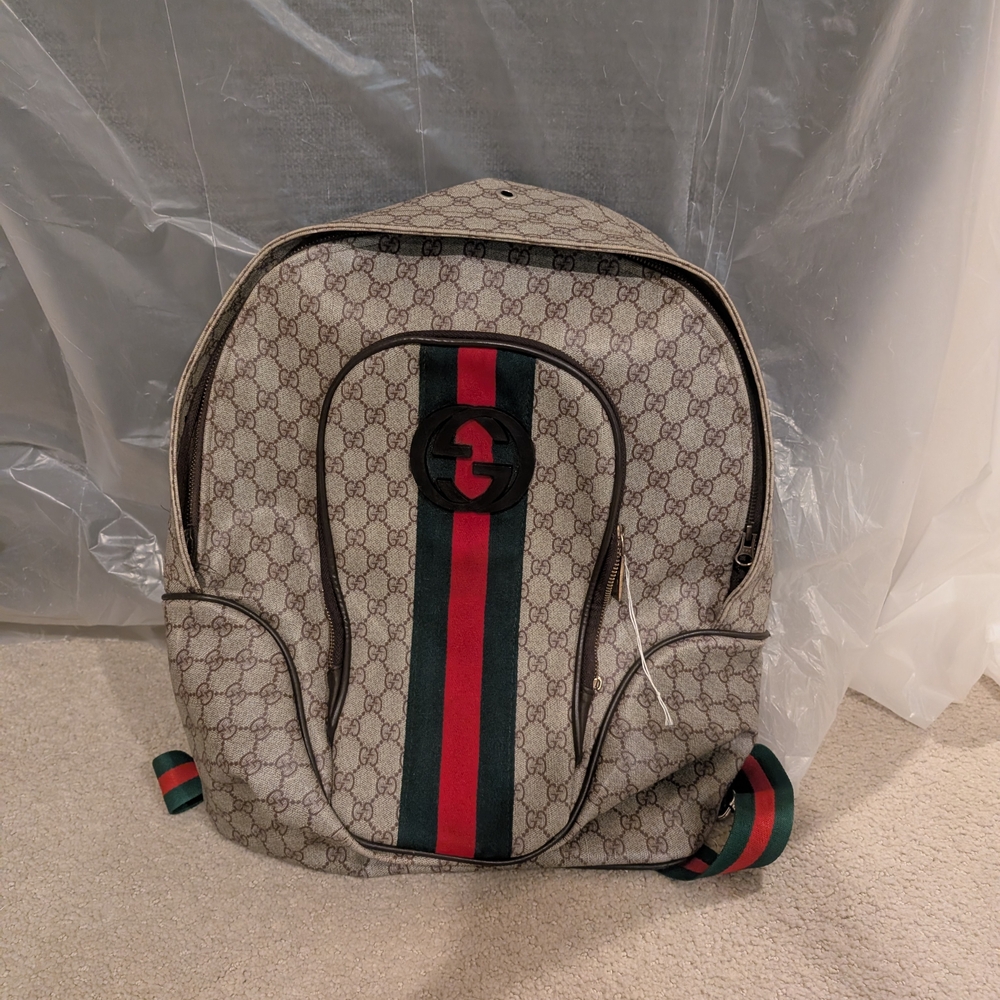 Gucci Monogram Backpack with Red and Green Stripes